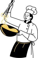 Doodle illustration of a chef tossing noodles in bowl vector