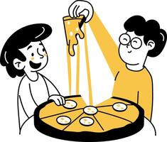 Pizza lover characters picking a cheesy slice, doodle illustration vector