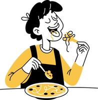 Doodle style illustration of a character eating noodles vector