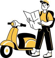 Delivery rider finding location on map, doodle illustration vector