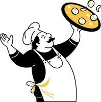 Pizza maker tossing dough in air, doodle illustration vector