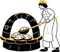 Chef putting dough in pizza oven, hand drawn illustration vector