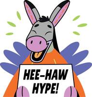 Flat sticker of a laughing donkey with hee haw hype typography vector