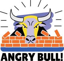 Flat style sticker of an angry bull breaking a wall vector