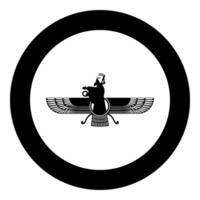 Zoroastrism religion Faravahar Zorostrian symbol Parsi icon in circle round black color solid outline style vector