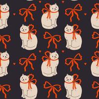 Seamless pattern with cute cats and red bows. graphics. vector