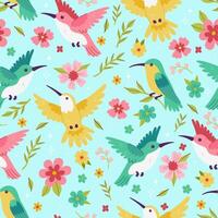 Multicolored seamless pattern with hummingbirds and flowers. graphics. vector