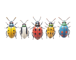 Whimsical bug parade featuring colorful, decorative beetles on transparency background, showcasing vibrant patterns and playful designs that evoke joy and creativity png