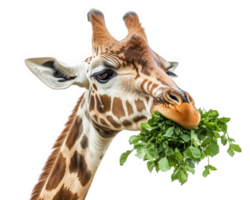 Giraffe eating leaves with playful expression, showcasing its unique features and vibrant colors. This majestic animal is isolated on transparency background, emphasizing its beauty png