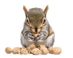 squirrel holding nut surrounded by shells, showcasing its playful nature and curiosity. This adorable creature is common sight in parks and gardens png