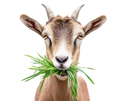 Goat eating grass with playful expression, isolated on transparency background. This captures essence of farm life and joy of nature png