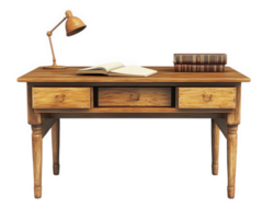 wooden teacher desk with lamp, books, and open notebook, perfect for study or work. warm tones create cozy atmosphere for learning and creativity png