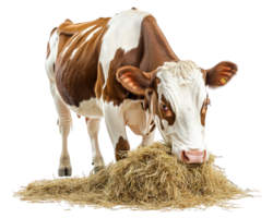 cow eating hay on transparency background, showcasing its brown and white coat. cow appears calm and content while feeding, highlighting its natural behavior png