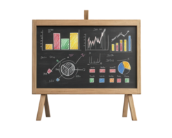 chalkboard displaying colorful business diagrams and graphs, showcasing data analysis and professional presentation. Ideal for educational or corporate settings png