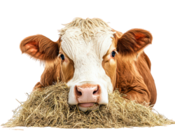 cow resting on hay, showcasing its calm demeanor and gentle expression. This captures essence of farm life and connection between animals and nature png