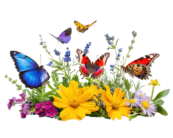 vibrant butterfly garden featuring colorful flowers and various butterflies, creating lively and cheerful atmosphere. Perfect for nature lovers and garden enthusiasts png
