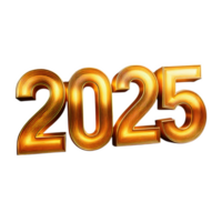 Glowing gold text 2025 with 3D effect, perfect for celebrations and events. This vibrant design adds festive touch to any project png
