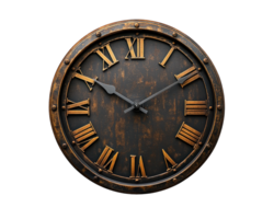 Rustic wall clock with Roman numerals and vintage design, featuring distressed finish and metallic accents. Perfect for adding character to any space png