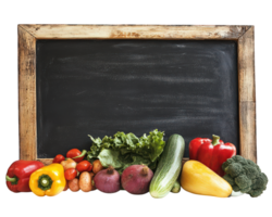 Fresh vegetables arranged in front of chalkboard, perfect for grocery list. Colorful peppers, zucchini, broccoli, and more create vibrant display png