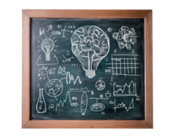 Creative brainstorming theme with doodles on chalkboard, featuring brain, light bulbs, graphs, and scientific symbols, inspiring innovative ideas and collaboration png
