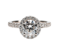 deslumbrante diamante noivado anel com aréola contexto, exibindo brilho e elegância. perfeito para simbolizando amor e comprometimento png