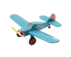toy airplane in blue color with red accents and yellow propeller, perfect for imaginative play and decoration png