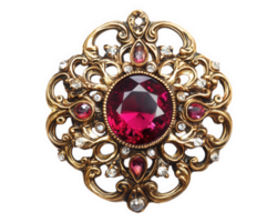vintage brooch featuring large red gemstone surrounded by intricate gold filigree and smaller gemstones, perfect for adding elegance to any outfit png