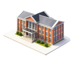 modern primary school building with brick facade, large windows, and welcoming entrance. structure is surrounded by greenery, creating friendly atmosphere for learning png