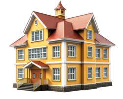 colorful primary school building with yellow exterior, multiple windows, and distinctive roof design, set against transparency background png