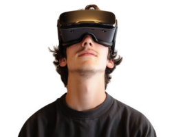 teenager wearing virtual reality goggles, looking up with focused expression. image captures excitement and immersion of modern technology png