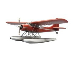 red seaplane with floats, showcasing vintage design and propeller, isolated on transparency background. This aircraft represents adventure and exploration over water png