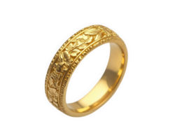 ouro Casamento anel com intrincado floral gravuras, simbolizando amor e compromisso. isto elegante peça vitrines artesanato e Eterno beleza png