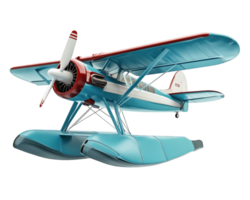 seaplane with vibrant blue and red design, featuring pontoons for water landings, showcasing its unique structure and propeller png