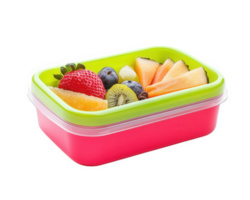 Fresh fruit lunchbox with assorted fruits in colorful container, perfect for healthy snacking. Enjoy strawberries, blueberries, kiwi, and melon slices png