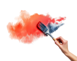 A hand holding a paintbrush and painting a red and blue watercolor png