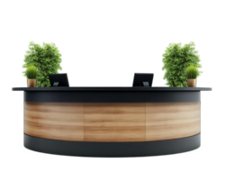 A reception desk with two plants on it png