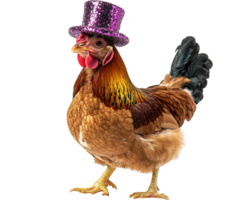 chicken wearing glittery top hat, standing proudly against transparency background, adds whimsical touch to any setting. This playful image captures charm and uniqueness of bird png
