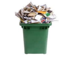 Overflowing recycling bin filled with paper waste, highlighting importance of recycling and waste management. This emphasizes environmental concerns and need for responsible disposal png
