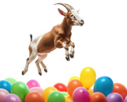 goat jumping into colorful pile of balloons, creating playful and joyful scene. vibrant colors of balloons contrast with goat fur, enhancing lively atmosphere png