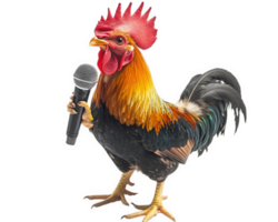rooster holding microphone, ready to perform on stage, showcasing vibrant feathers and confident stance. This unique image captures playful spirit of singing bird png