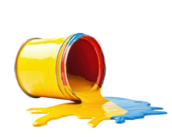 spilled paint bucket with vibrant yellow and blue paint flowing out, creating colorful mess. This captures essence of creativity and artistic expression png