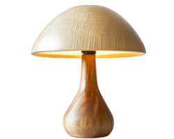 Scandinavian style table lamp with wooden base and dome shaped shade, emitting warm glow, perfect for modern interiors png