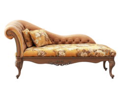 Elegant chaise lounge with floral upholstery, perfect for hotel suites. This stylish piece adds touch of luxury and comfort to any space, making it ideal choice for relaxation png