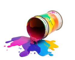 spilled paint bucket with vibrant colors creating colorful puddle on transparency background. scene evokes creativity and artistic expression png