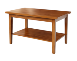 Wooden coffee table with lower shelf, perfect for living rooms or lounges. Its sleek design and warm finish add touch of elegance to any space png