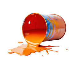 spilled paint bucket with vibrant orange paint flowing out, creating colorful mess. bright colors evoke creativity and artistic expression png