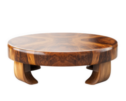 Elegant wooden coffee table with round design, showcasing rich grain patterns and polished finish, perfect for modern living spaces png