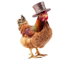 chicken wearing glittery top hat, standing proudly against transparency background, adds whimsical touch to any design png