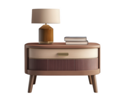 bedside table with lamp, books, and stylish design, perfect for modern interiors. This piece adds elegance and functionality to any bedroom setting png
