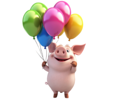 cheerful pig character holding colorful balloons, isolated on transparency background, brings sense of joy and celebration. Perfect for festive themes and children content png